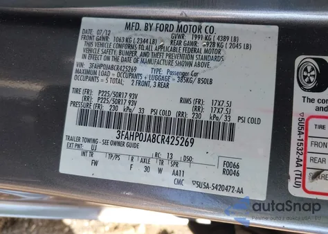 2012 Ford Fusion Sel z USA, uszkodzony, nr VIN 3FAHP0JA8CR425269